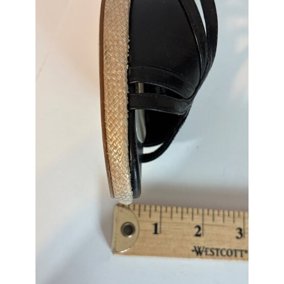 Ann Taylor Loft Leather Black Strappy Wedge Sandals Open Toe Womens 8 Woven Heel - Picture 12 of 12